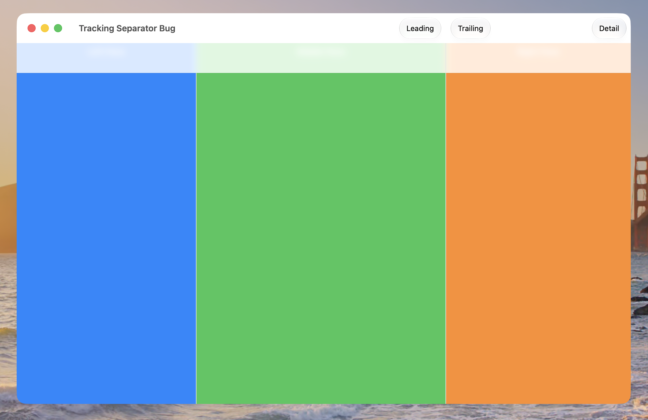A window showing a split view with 3 panes. The first pane has a solid blue color, the second has a solid green color, and the third has a solid orange color. At the top of the window there is a toolbar. Just below the toolbar there is a weird white bar that is just about the height of the toolbar. But it is below the toolbar, covering the top of the content.
